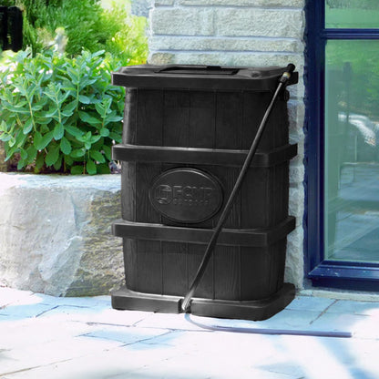 FCMP Outdoor Wood Grain Rain Water Catcher Barrel with Flat Back Design, Black