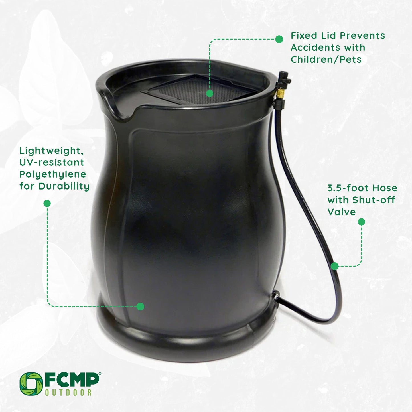 FCMP Outdoor Catalina 45 Gallon Water Catcher Rain Barrel w/ Flat Back, Black