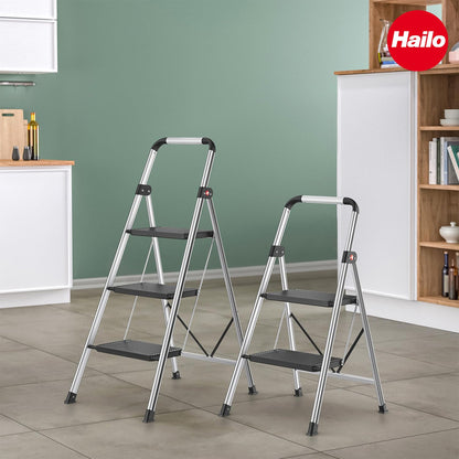 Hailo Folding 2 Step Non-Slip Stool for Home and Kitchen, K71, Silver/Black