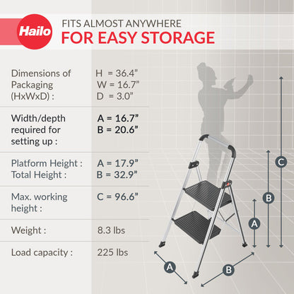 Hailo Folding 2 Step Non-Slip Stool for Home and Kitchen, K71, Silver/Black