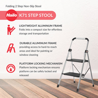 Hailo Folding 2 Step Non-Slip Stool for Home and Kitchen, K71, Silver/Black