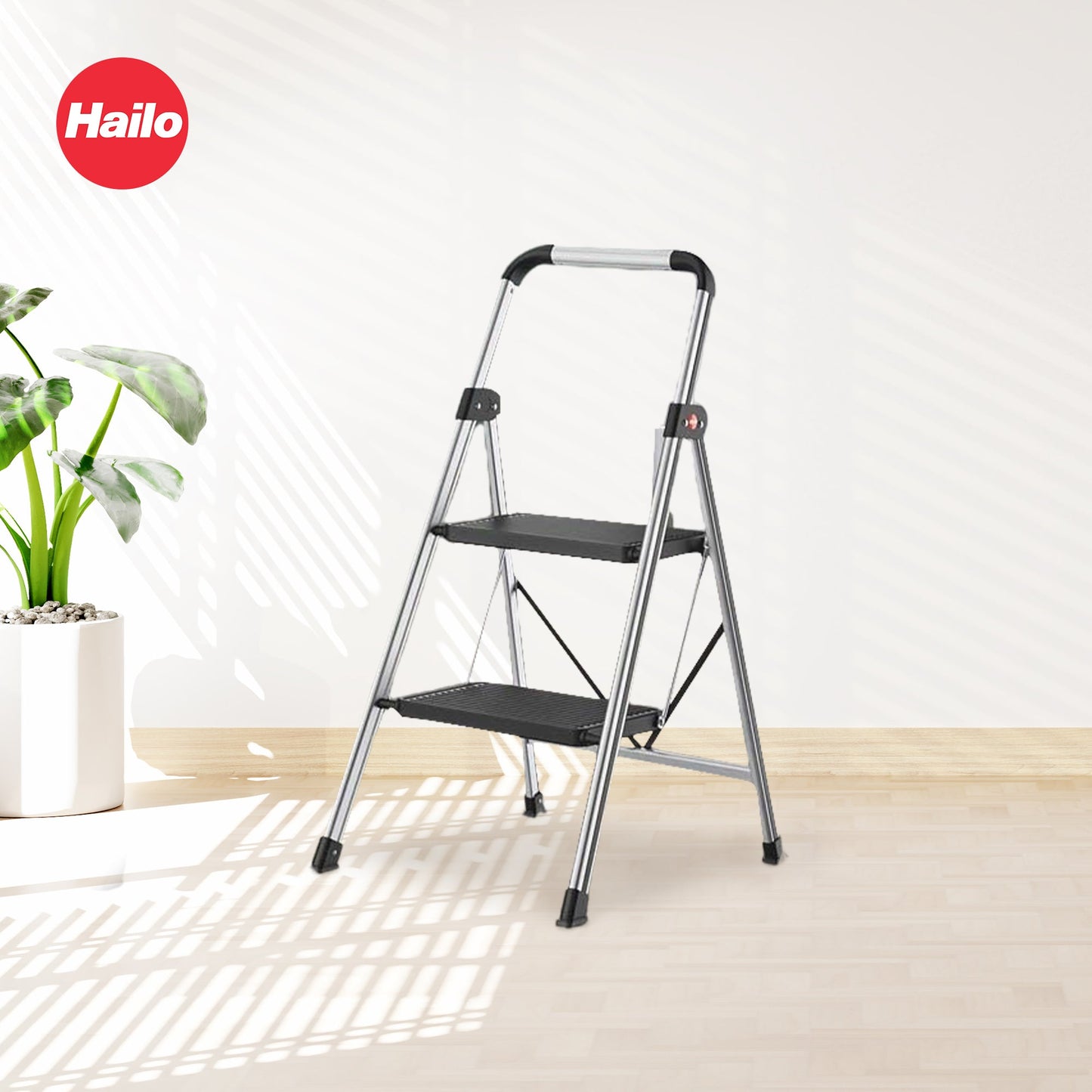 Hailo Folding 2 Step Non-Slip Stool for Home and Kitchen, K71, Silver/Black