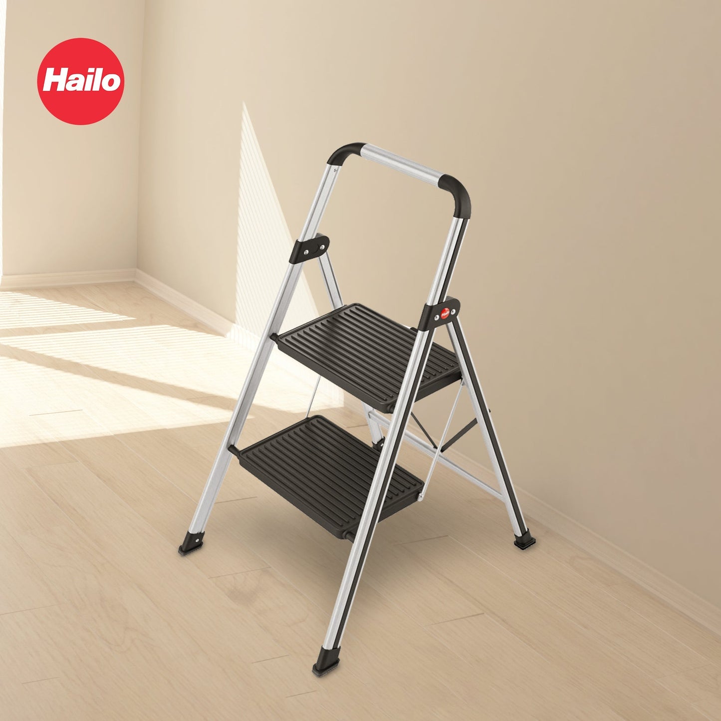Hailo Folding 2 Step Non-Slip Stool for Home and Kitchen, K71, Silver/Black