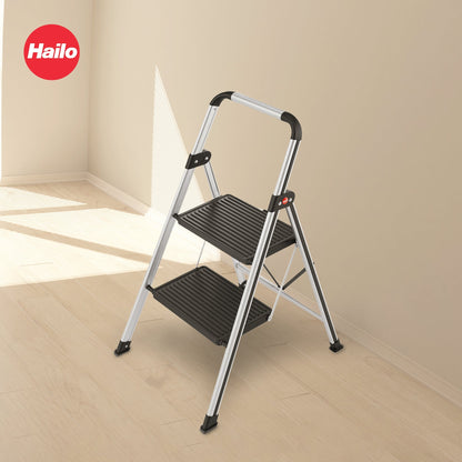 Hailo Folding 2 Step Non-Slip Stool for Home and Kitchen, K71, Silver/Black