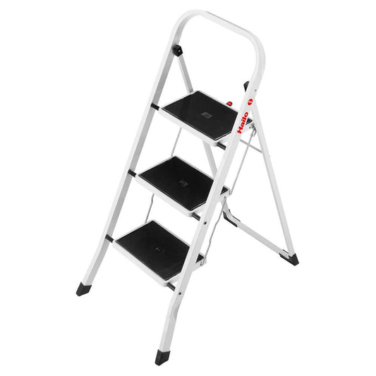 Hailo K20 3-Step Folding Ladder with Sturdy Steel Frame, 330 lb Capacity, Silver