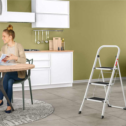 Hailo K20 3-Step Folding Ladder with Sturdy Steel Frame, 330 lb Capacity, Silver