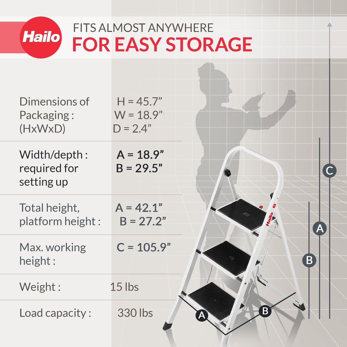 Hailo K20 3-Step Folding Ladder with Sturdy Steel Frame, 330 lb Capacity, Silver