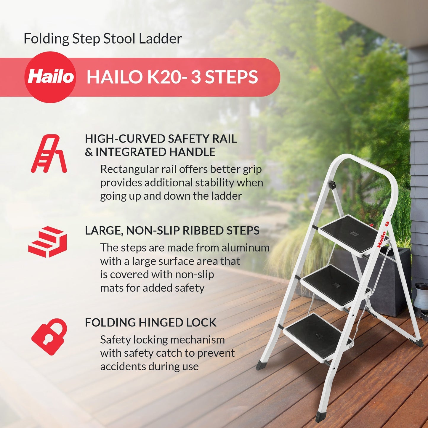 Hailo K20 3-Step Folding Ladder with Sturdy Steel Frame, 330 lb Capacity, Silver