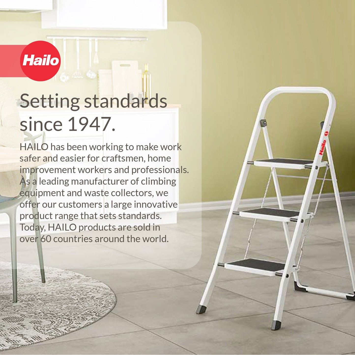 Hailo K20 3-Step Folding Ladder with Sturdy Steel Frame, 330 lb Capacity, Silver