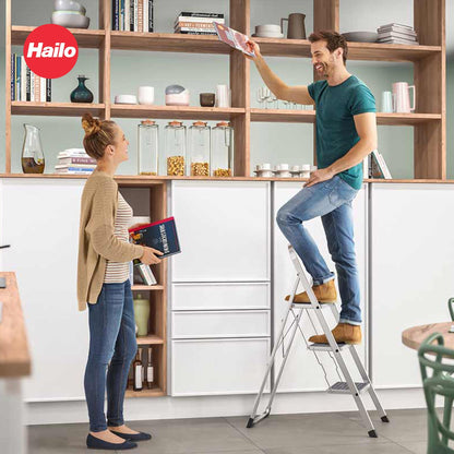 Hailo K20 3-Step Folding Ladder with Sturdy Steel Frame, 330 lb Capacity, Silver
