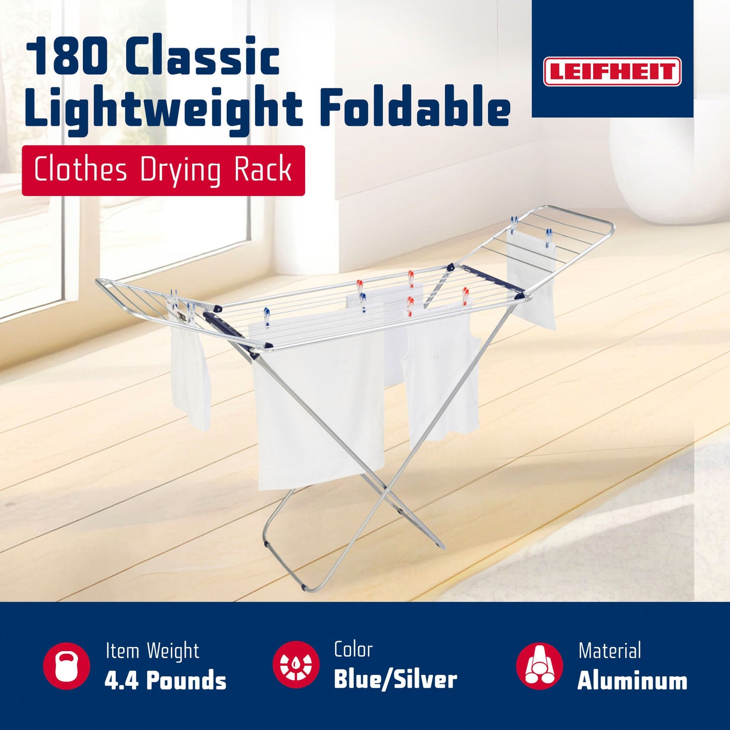 Leifheit Siena 180 Classic Lightweight Foldable Clothes Drying Rack, Silver