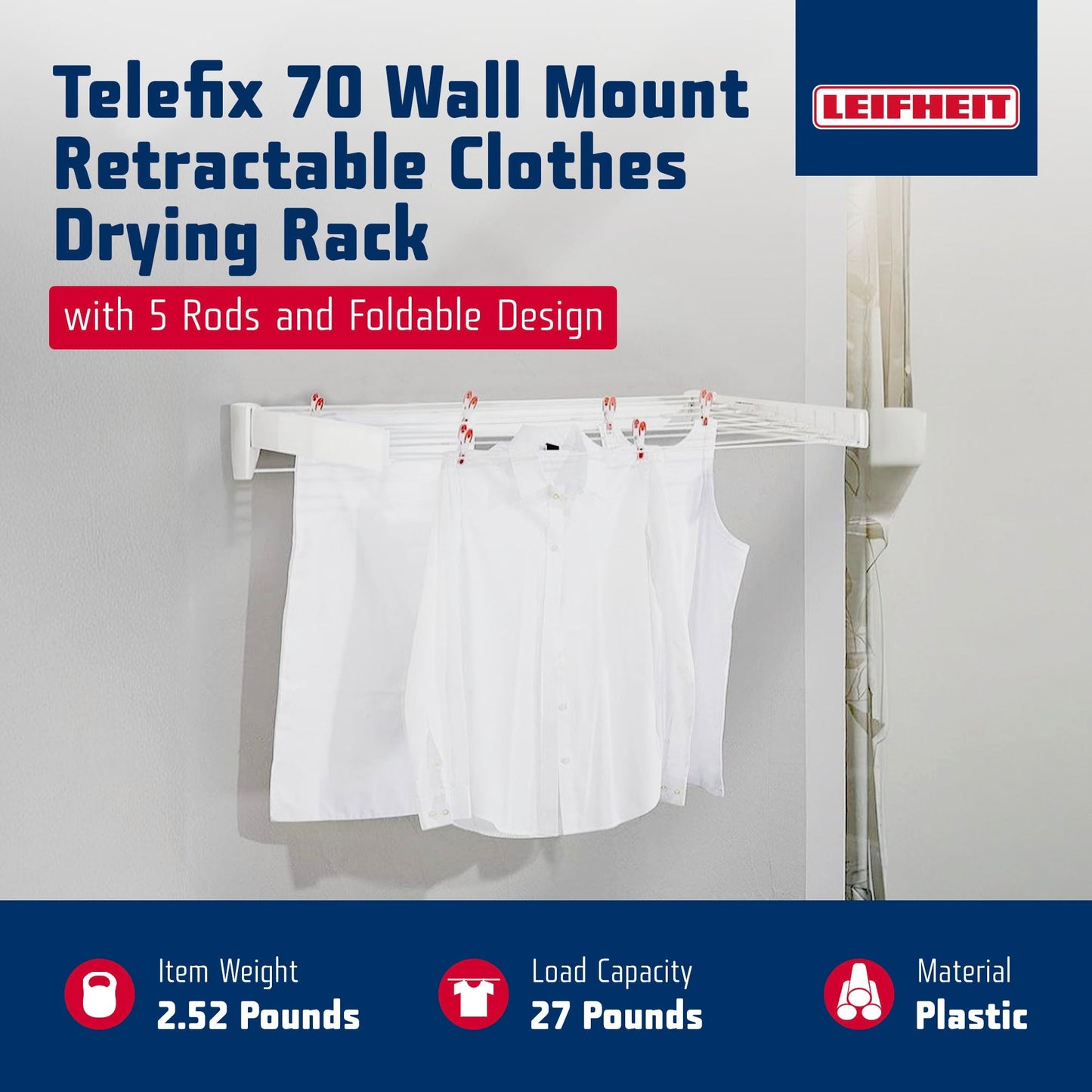 Leifheit Wall Mounted Clothes Drying Rack with 5 Rods and Foldable Design, White