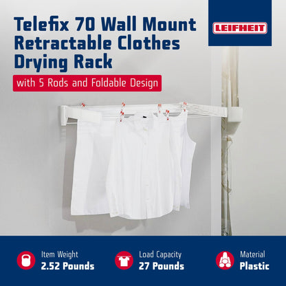 Leifheit Wall Mounted Clothes Drying Rack with 5 Rods and Foldable Design, White