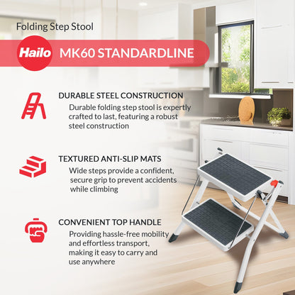 Hailo MK60 Mini Steel Step Stool with Anti-Slip Stairs & 330 lbs Capacity, White