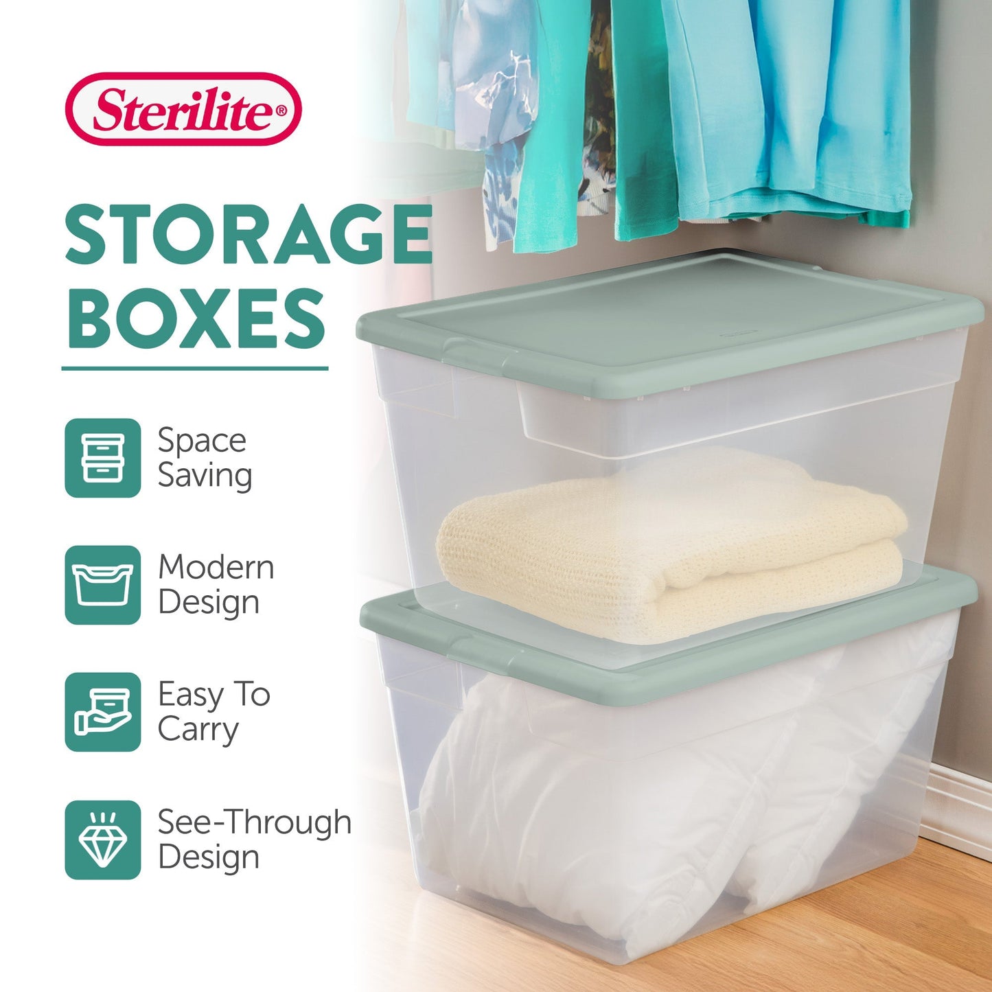 Sterilite 8 Pk Stackable Storage Tote Container, 56 Qt, Clear, Mindful Mint Lid