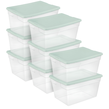 Sterilite 8 Pk Stackable Storage Tote Container, 56 Qt, Clear, Mindful Mint Lid