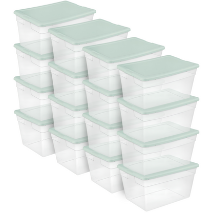Sterilite 16 Pk Stackable Storage Tote Container, 56Qt, Clear, Mindful Mint Lid