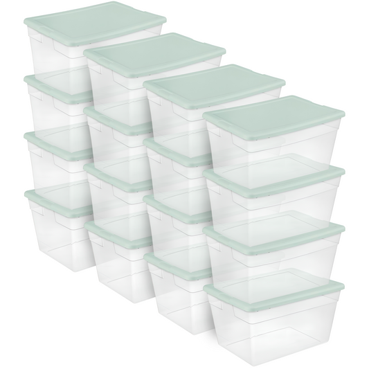 Sterilite 16 Pk Stackable Storage Tote Container, 56Qt, Clear, Mindful Mint Lid