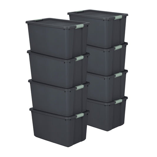 Sterilite 8 Pack 34 Gallon Latch Tote, Stackable Plastic Storage Bin Container