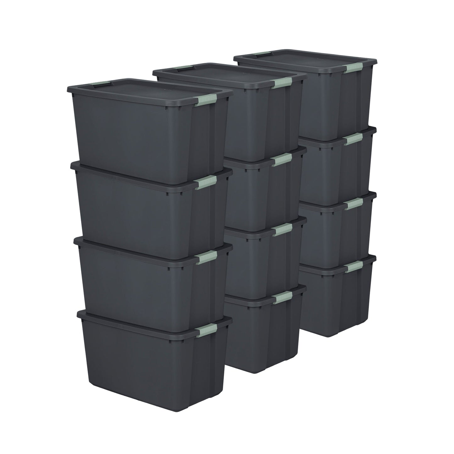 Sterilite 12 Pack 34 Gal Latch Tote, Stackable Plastic Storage Bin, Gray/Green