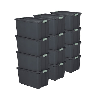Sterilite 12 Pack 34 Gal Latch Tote, Stackable Plastic Storage Bin, Gray/Green