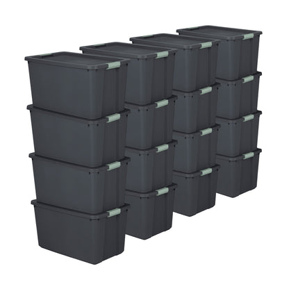 Sterilite 16 Pack 34 Gal Latch Tote, Stackable Plastic Storage Bin, Gray/Green