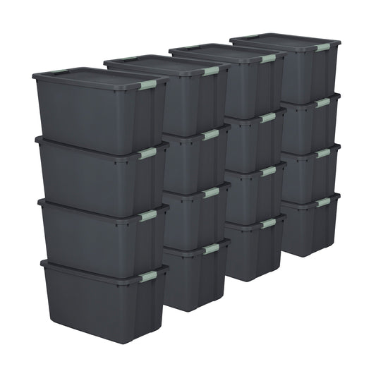 Sterilite 16 Pack 34 Gal Latch Tote, Stackable Plastic Storage Bin, Gray/Green