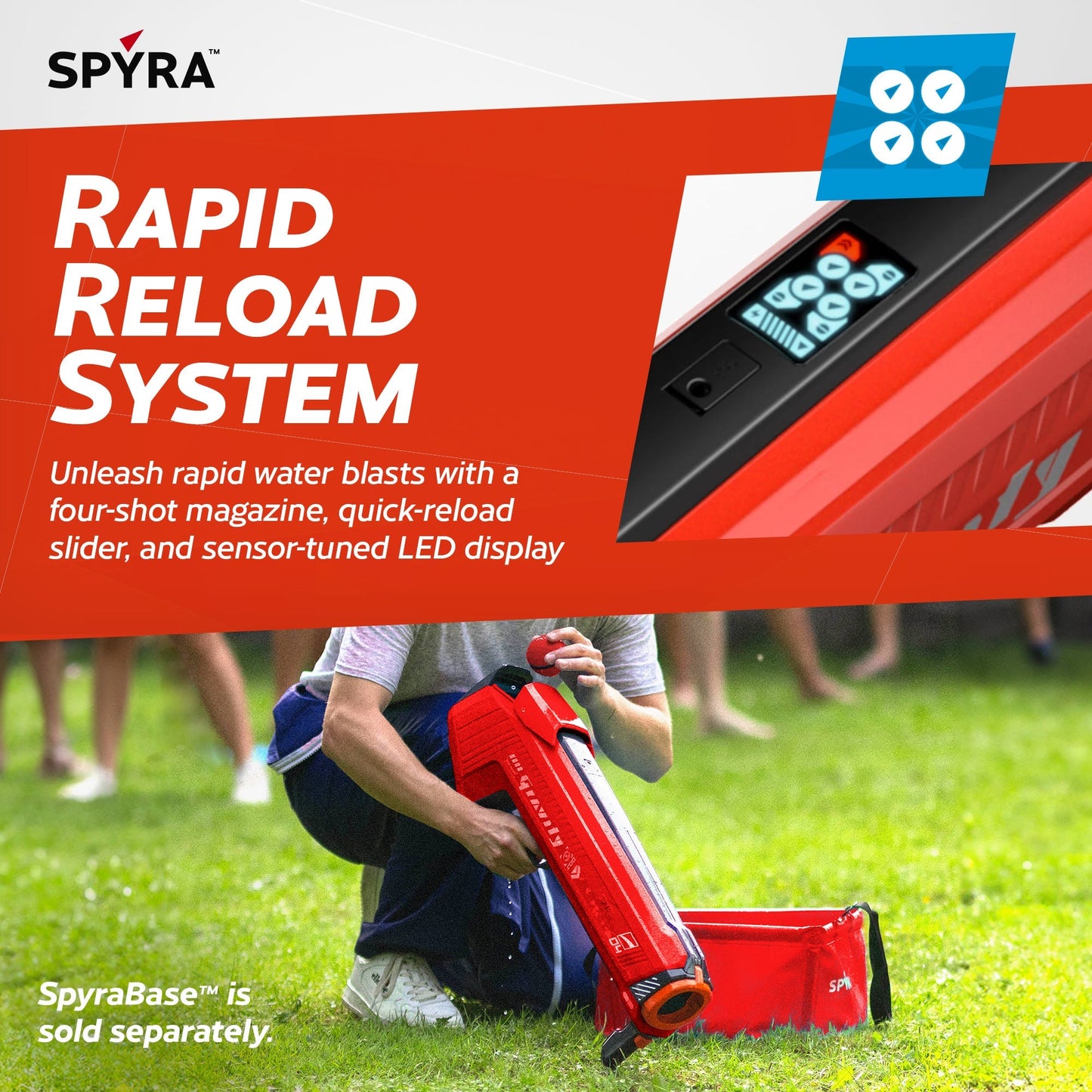 SPYRA Electric Water Bomb Launcher, LED Display & 52 Ft Range, SpyraGravity, Red