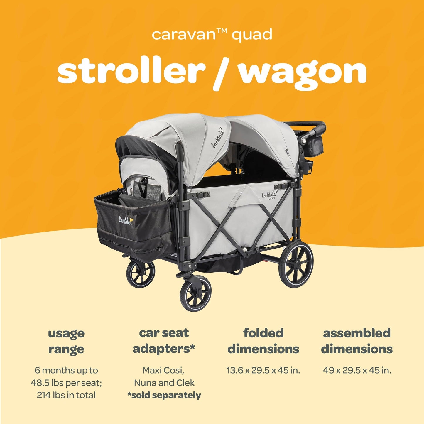 Larktale Caravan Quad Stroller, 4-Seater Wagon, 214 lb Capacity, Avalon Gray