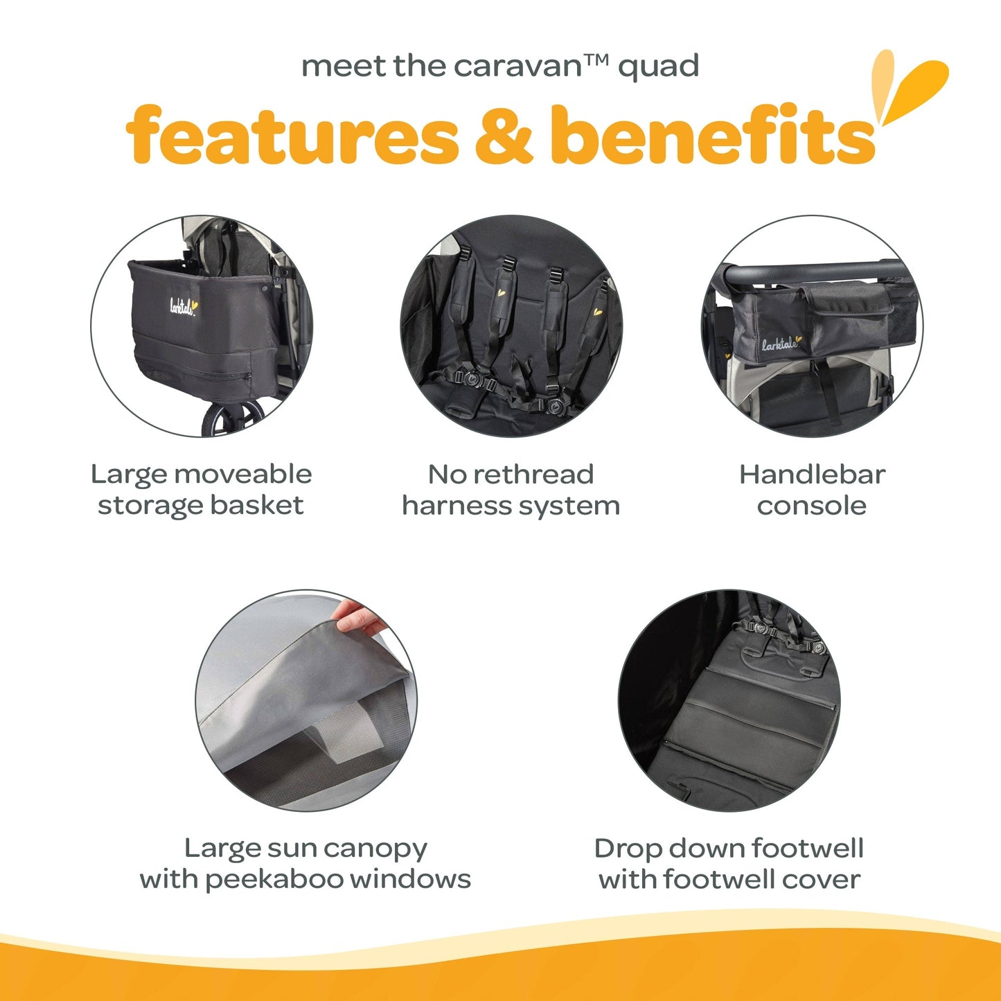 Larktale Caravan Quad Stroller, 4-Seater Wagon, 214 lb Capacity, Avalon Gray