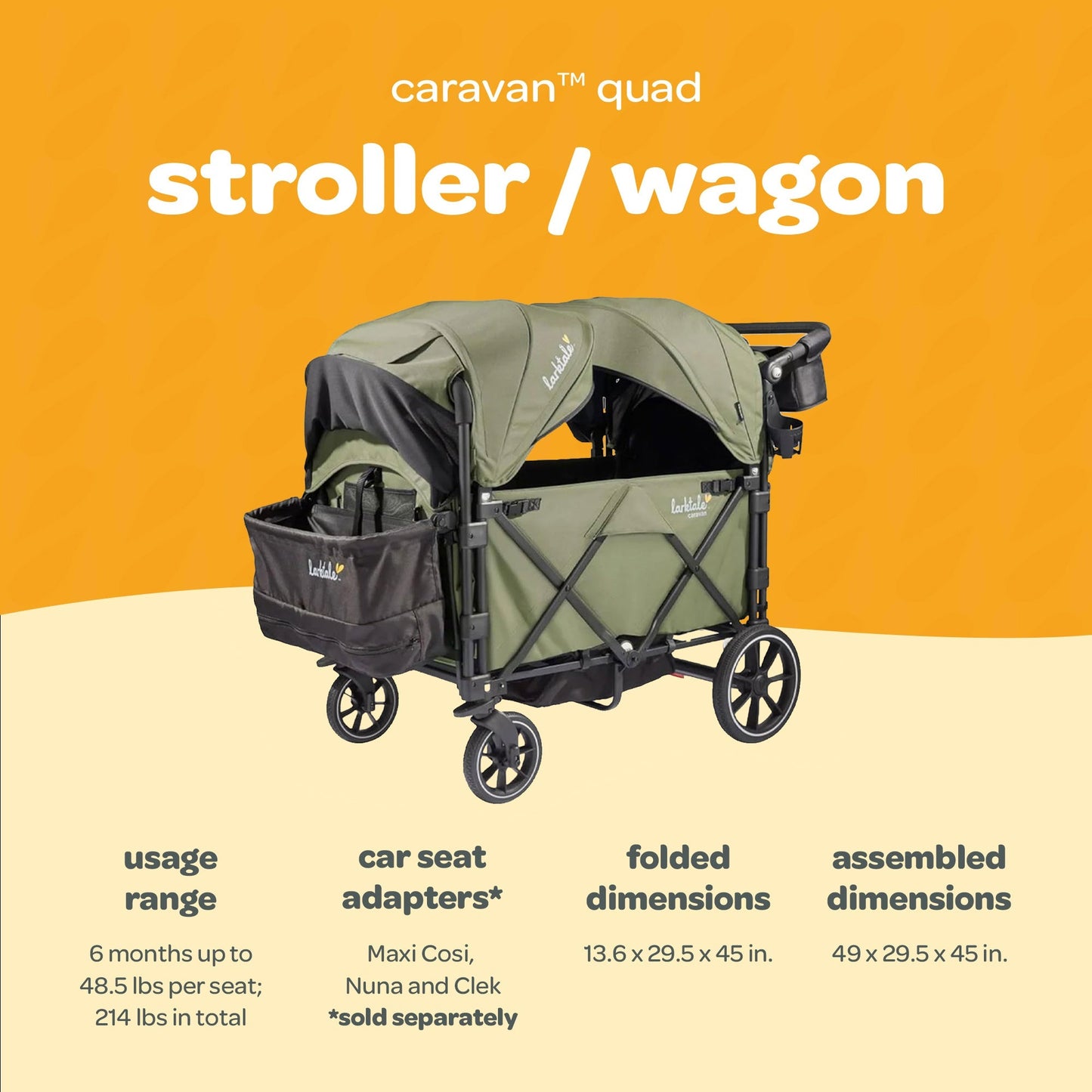 Larktale Caravan Quad Stroller, 4-Seater Wagon, 214 lb Capacity, Chelsea Green