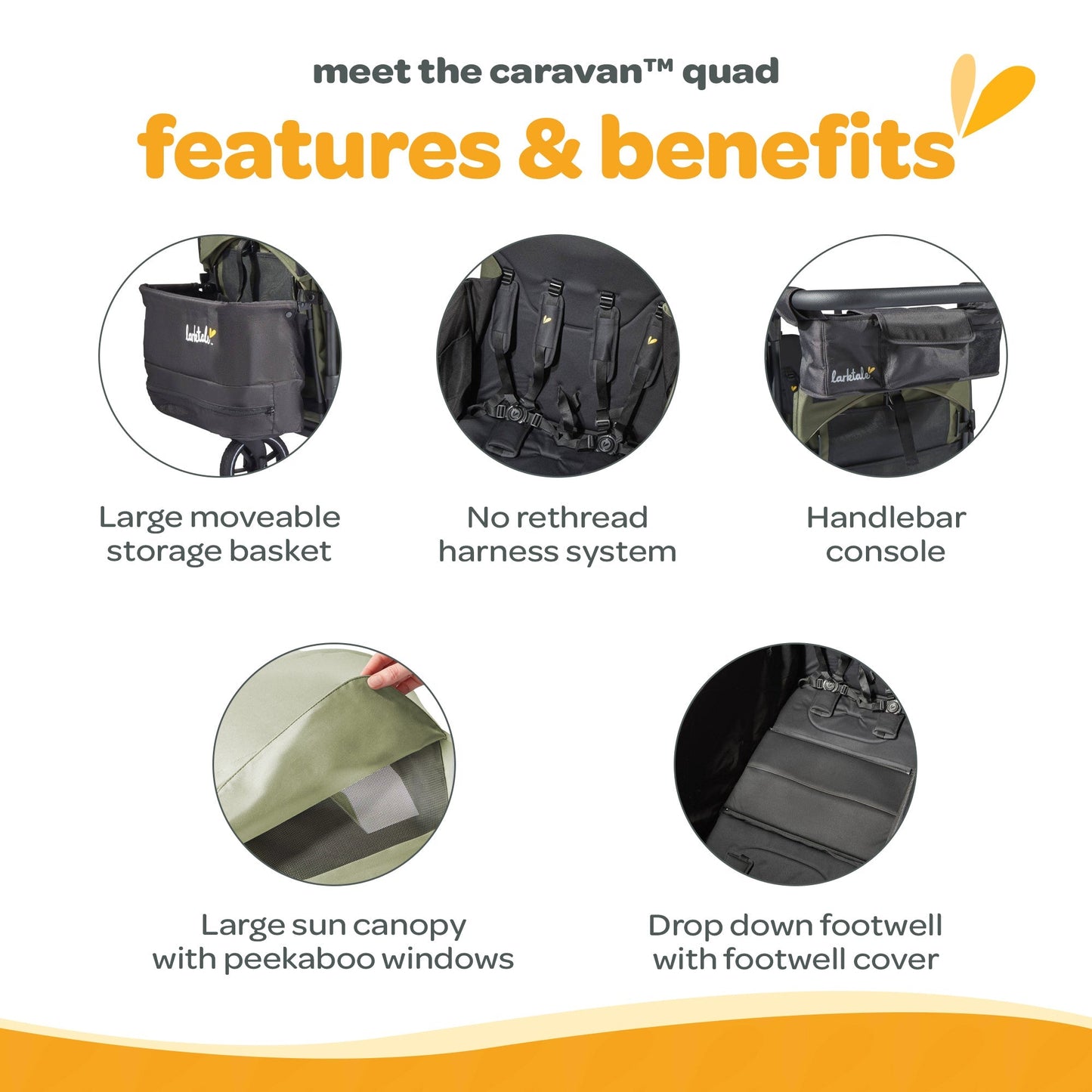 Larktale Caravan Quad Stroller, 4-Seater Wagon, 214 lb Capacity, Chelsea Green