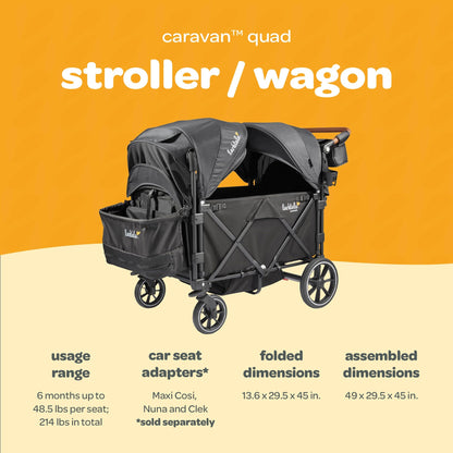 Larktale Caravan Quad Stroller, 4-Seater Wagon, 214 lb Capacity, Byron Black