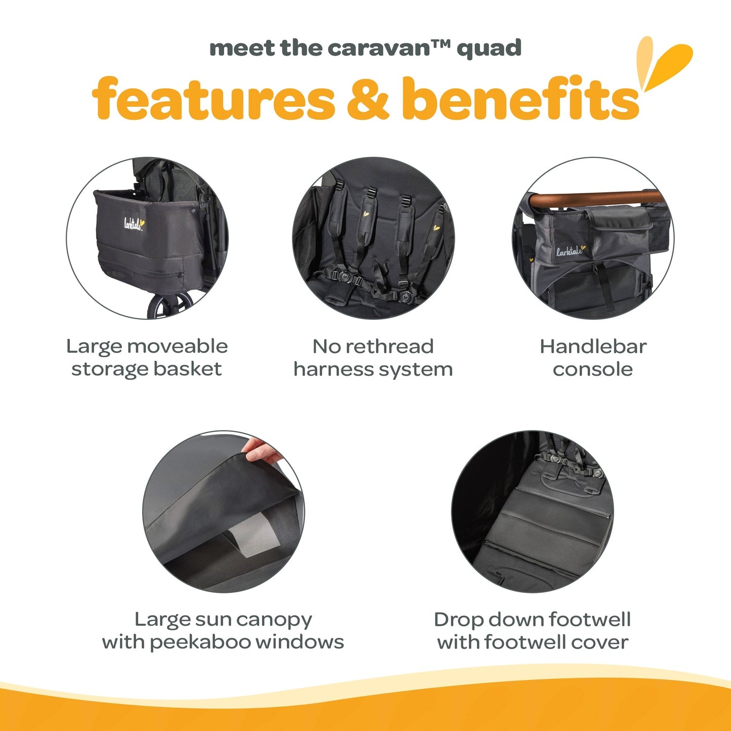 Larktale Caravan Quad Stroller, 4-Seater Wagon, 214 lb Capacity, Byron Black