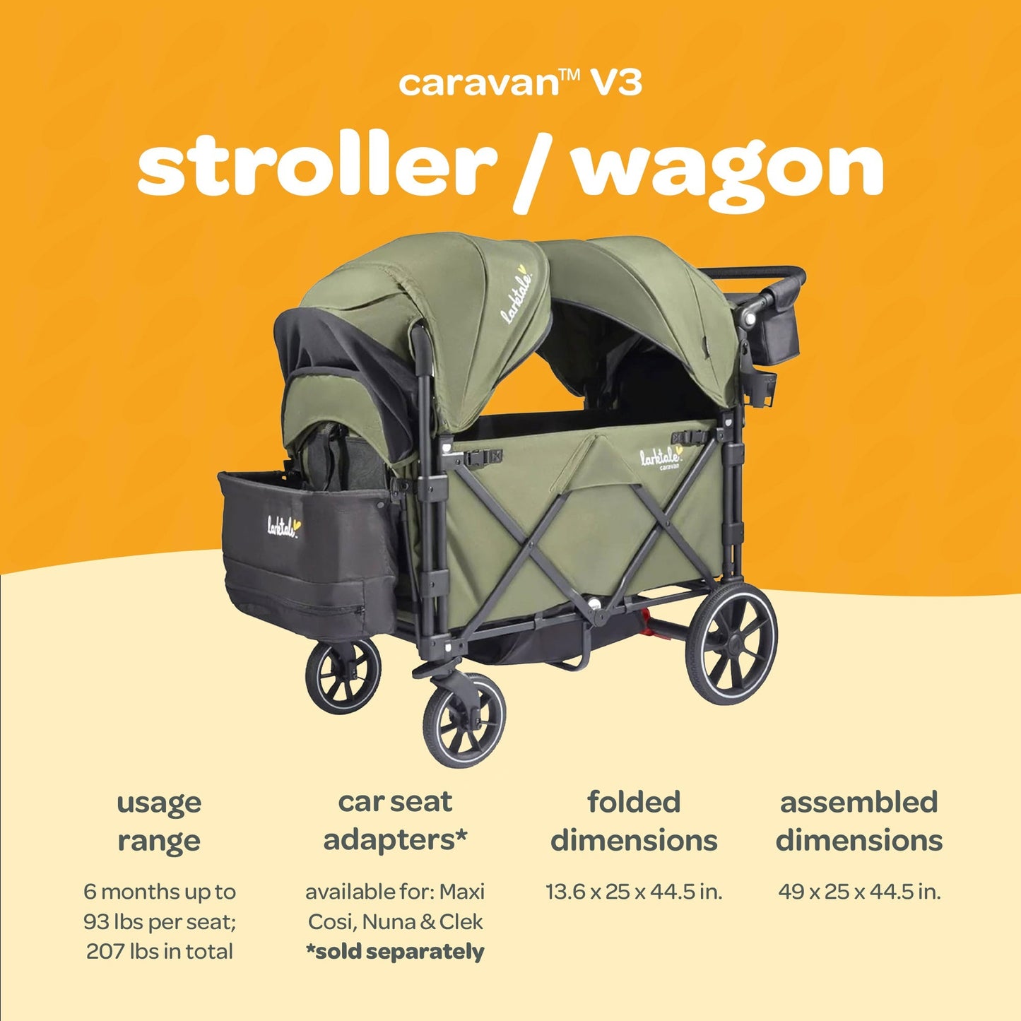 Larktale Caravan V3 Stroller, 2-Seater Kids Wagon, 207lb Capacity, Chelsea Green