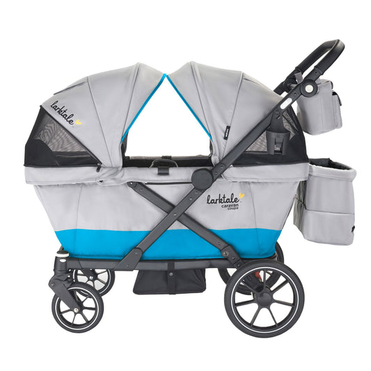 Larktale Caravan Coupe V2 Compact Stroller, Reclining 2-Seat Wagon, Gray/Bue