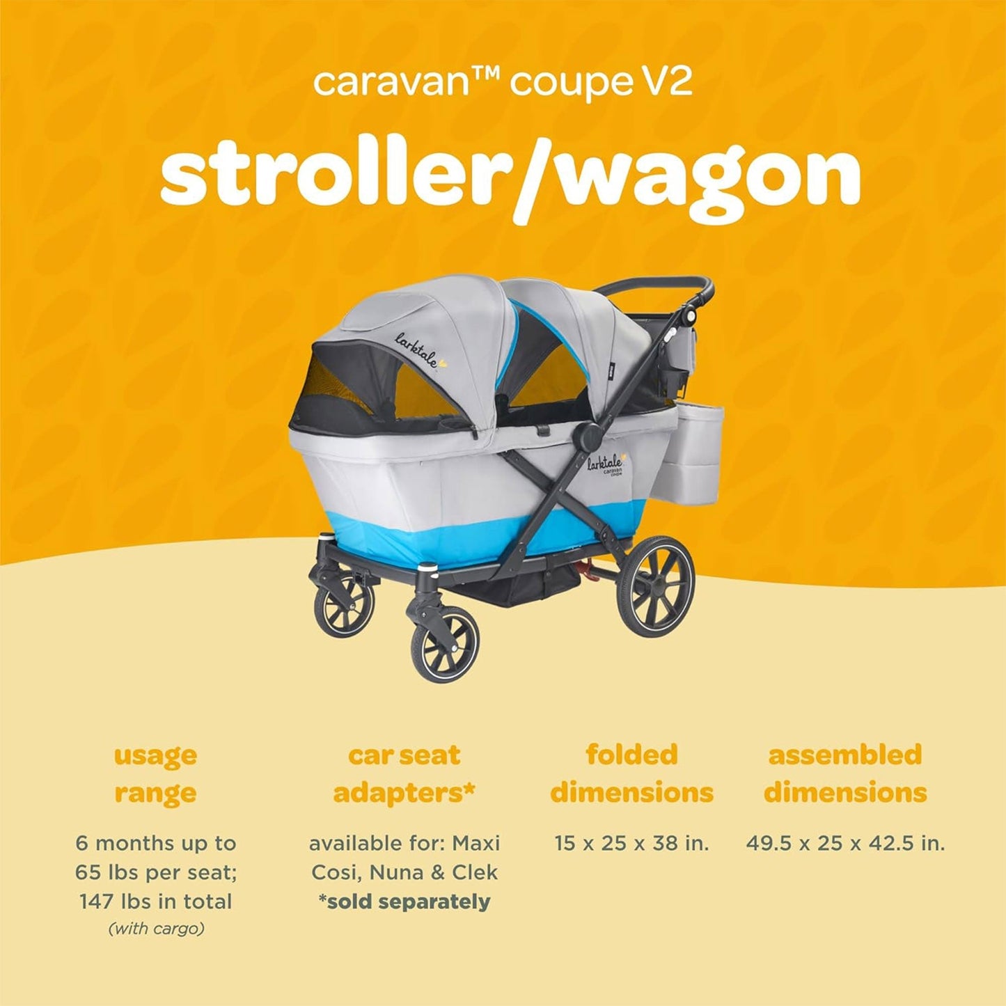 Larktale Caravan Coupe V2 Compact Stroller, Reclining 2-Seat Wagon, Gray/Bue