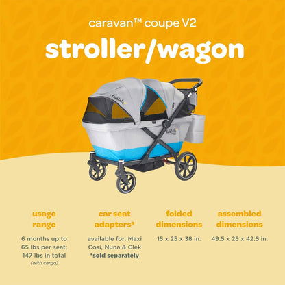 Larktale Caravan Coupe V2 Compact Stroller, Reclining 2-Seat Wagon, Gray/Bue