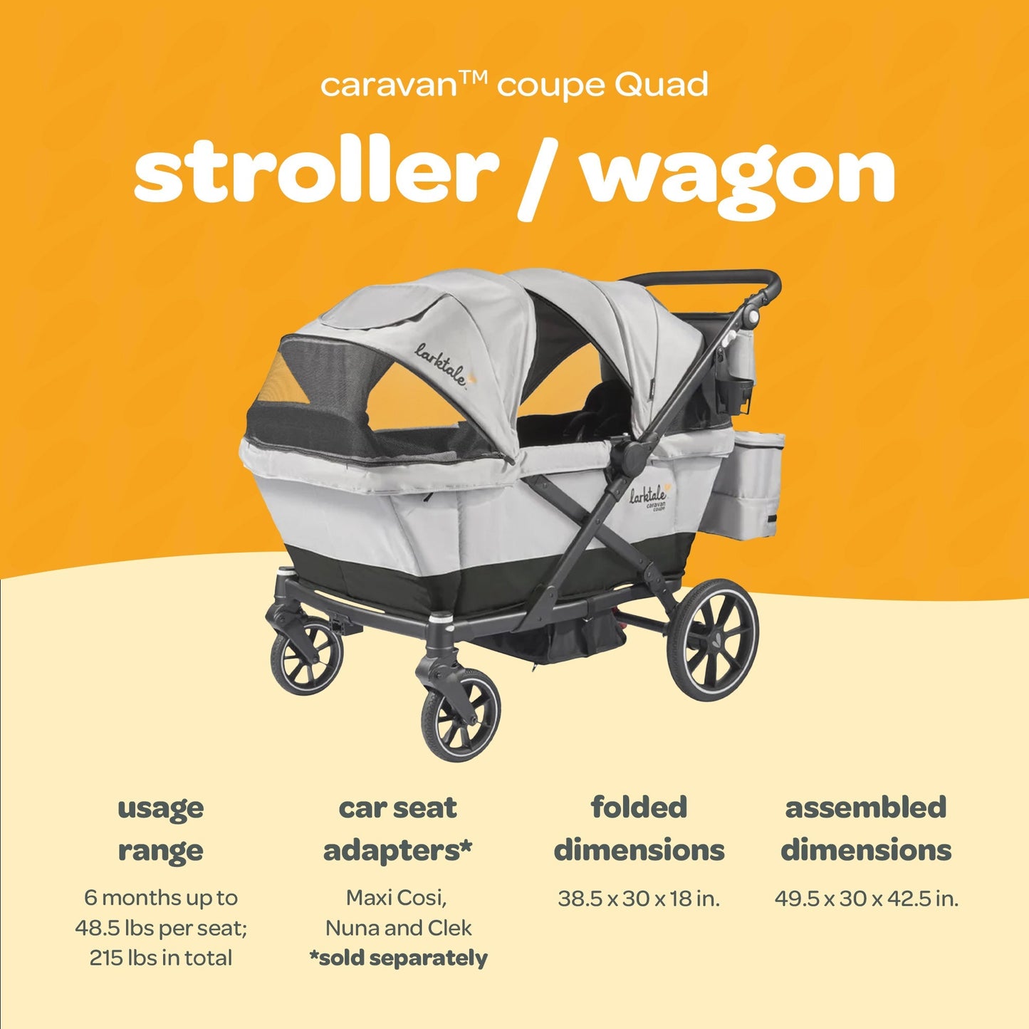 Larktale Caravan Coupe Quad Compact Stroller Reclining 4-Seat Wagon, Gray/Black