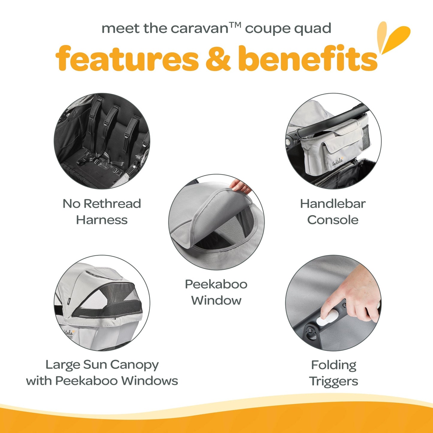 Larktale Caravan Coupe Quad Compact Stroller Reclining 4-Seat Wagon, Gray/Black