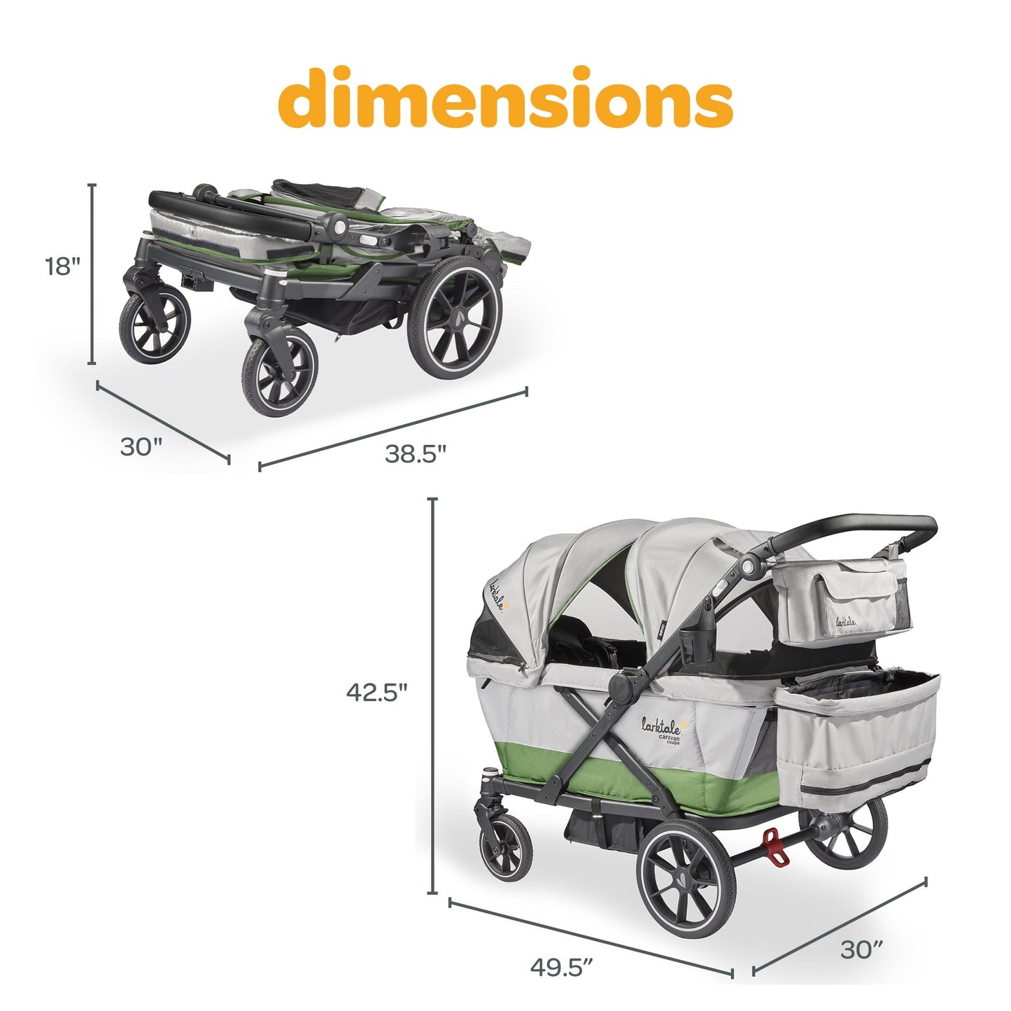 Larktale Caravan Coupe Quad Compact Stroller Reclining 4-Seat Wagon, Gray/Green