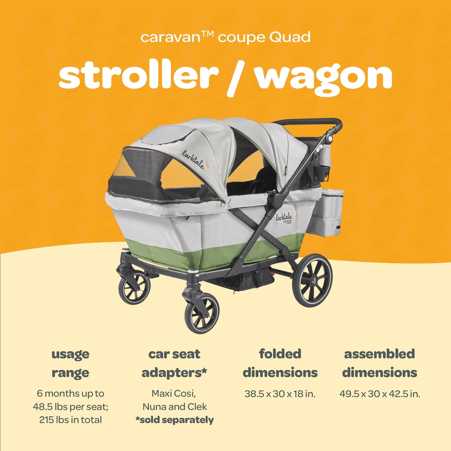 Larktale Caravan Coupe Quad Compact Stroller Reclining 4-Seat Wagon, Gray/Green