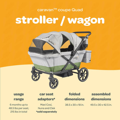 Larktale Caravan Coupe Quad Compact Stroller Reclining 4-Seat Wagon, Gray/Green