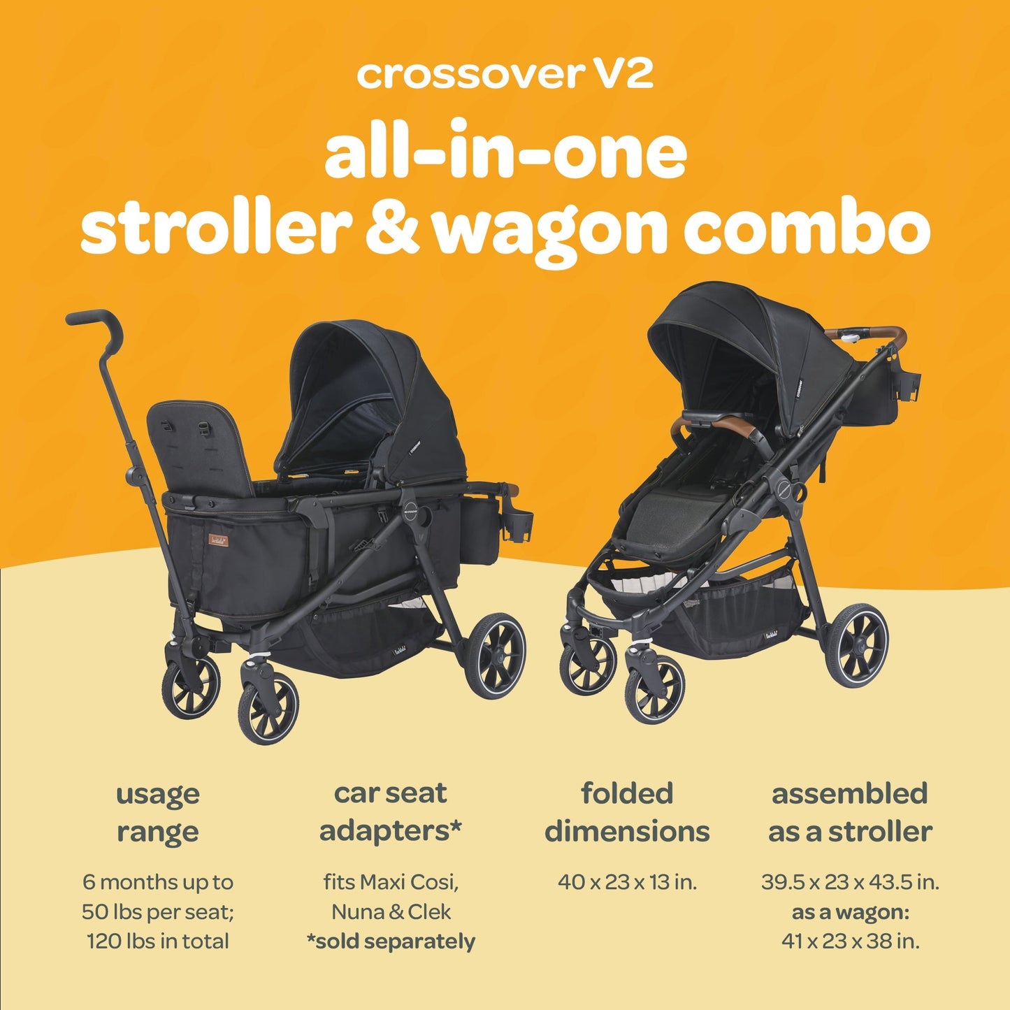 Larktale Crossover V2 All-In-One Stroller 2 Seater Wagon, 120 lb Capacity, Black