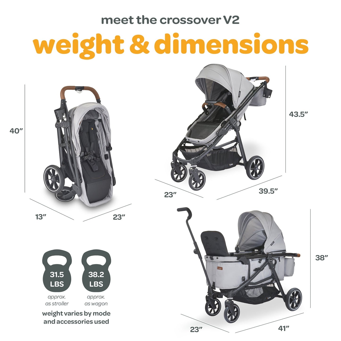 Larktale Crossover V2 All-In-One Stroller 2 Seater Wagon, 120 lb Capacity, Gray