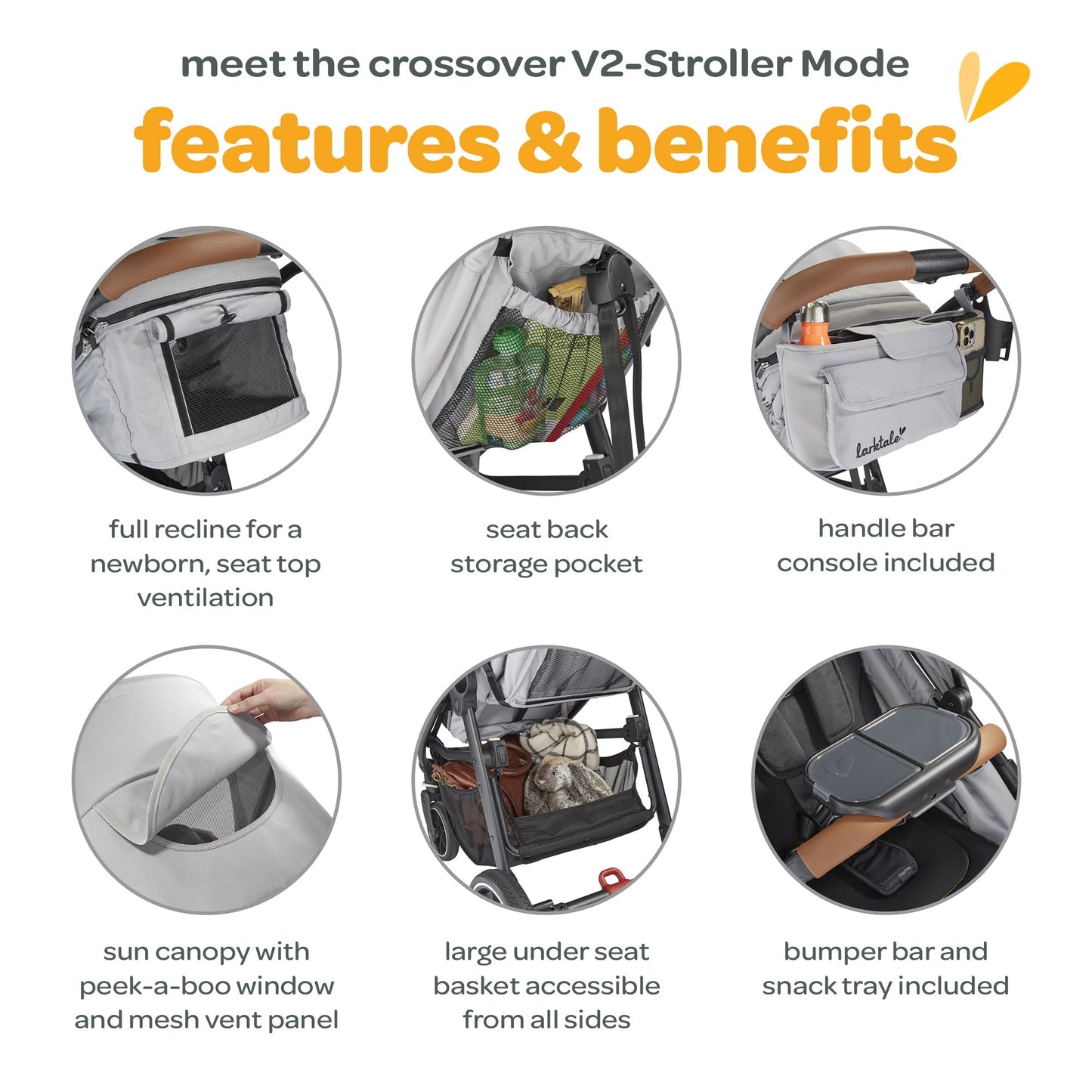 Larktale Crossover V2 All-In-One Stroller 2 Seater Wagon, 120 lb Capacity, Gray