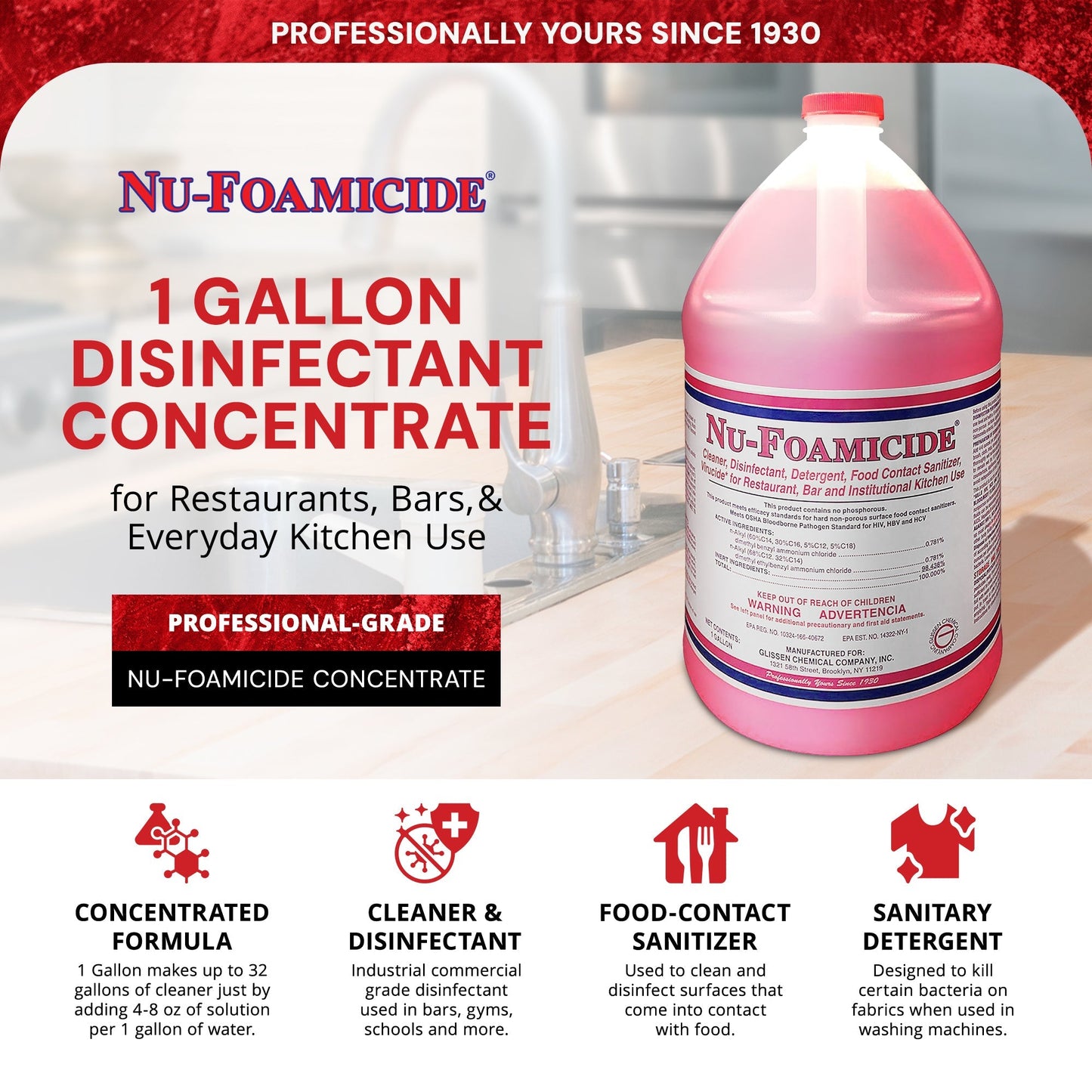 Glissen Nu-Foamicide Cleaner Concentrate, Industrial & Commercial, 1 Gal, 300048