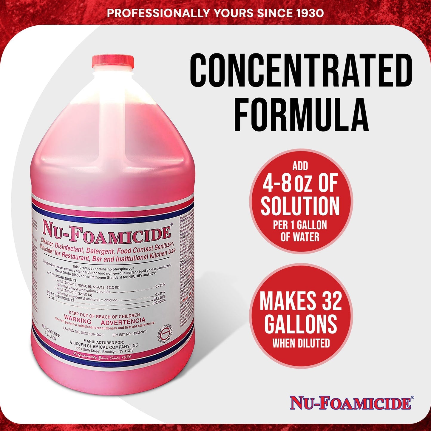 Glissen Nu-Foamicide Cleaner Concentrate, Industrial & Commercial, 1 Gal, 300048