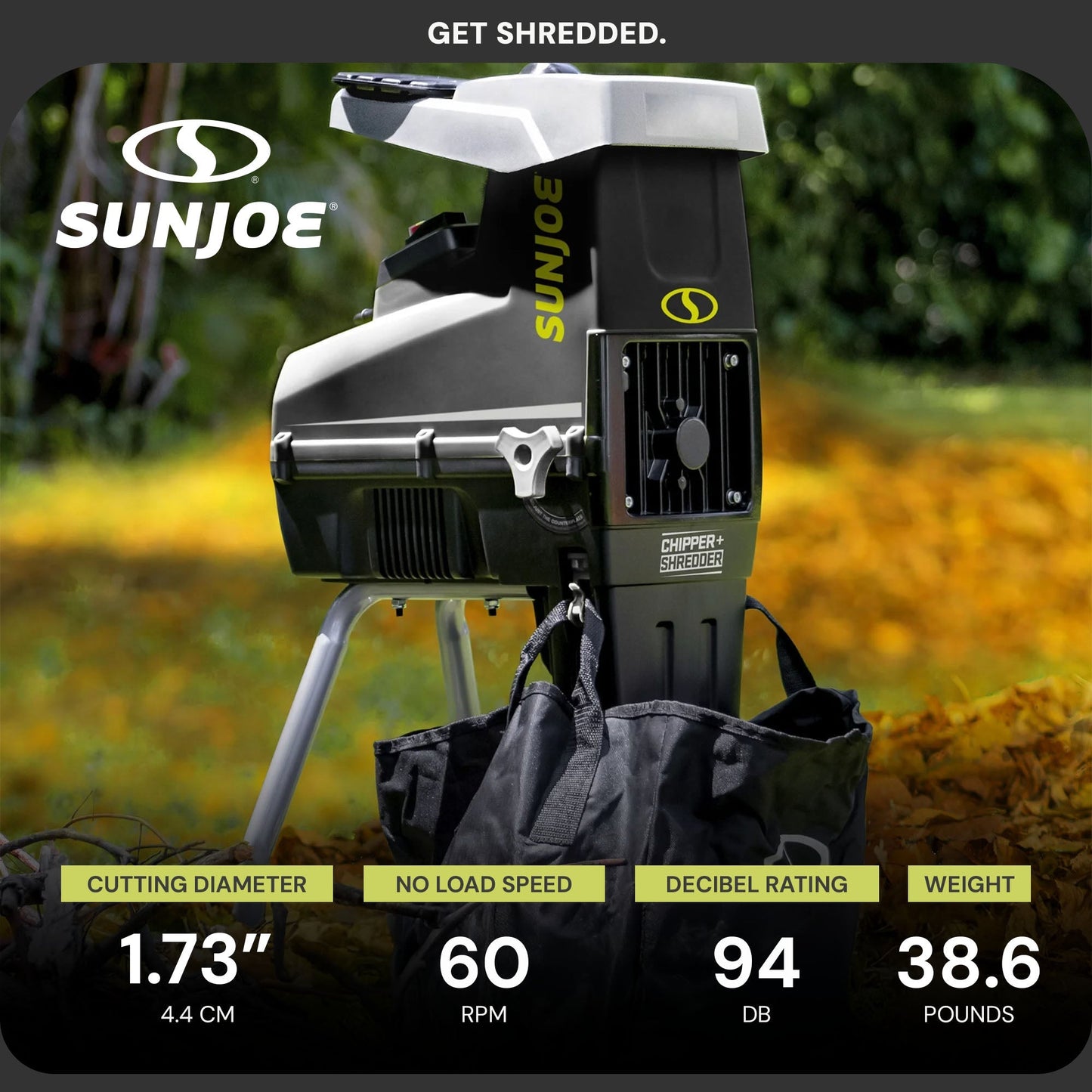 Sun Joe Silent Wood Chipper Shredder, 15 Amp Machine with 1.7" Diameter, CJ603E