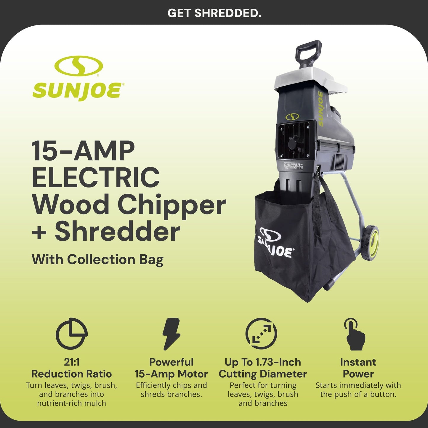 Sun Joe Silent Wood Chipper Shredder, 15 Amp Machine with 1.7" Diameter, CJ603E